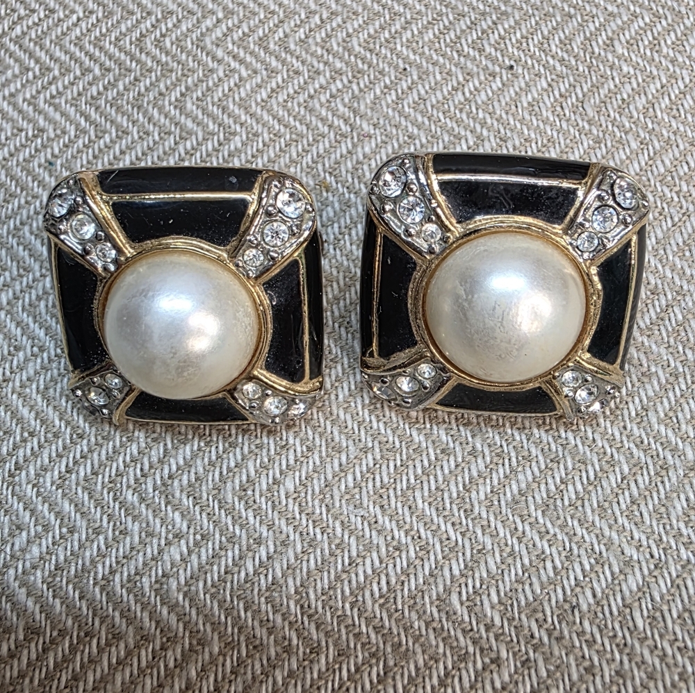 Vintage BUTLER Faux Pearl, Black Enamel And Rhinestone Clip Earrings